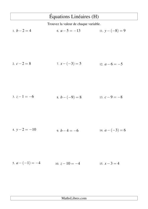 Résolution d'Équations Linéaires (Incluant Valeurs Négatives) -- Forme x - b = c (H)