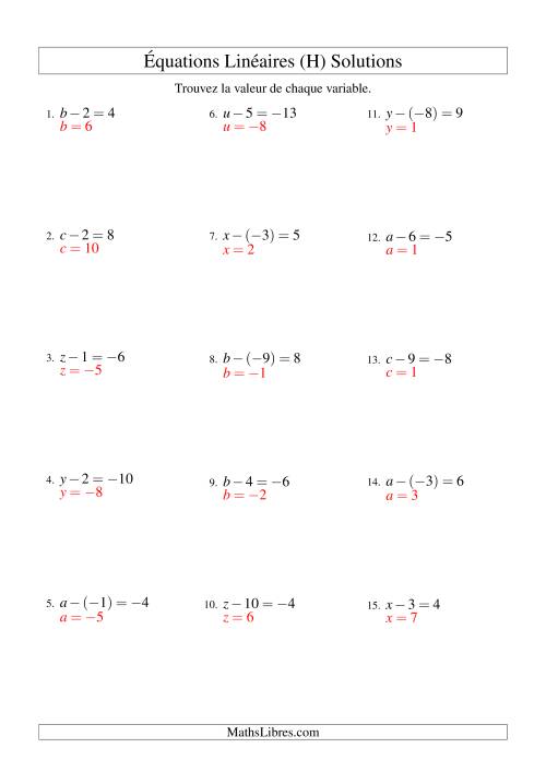 Résolution d'Équations Linéaires (Incluant Valeurs Négatives) -- Forme x - b = c (H) page 2