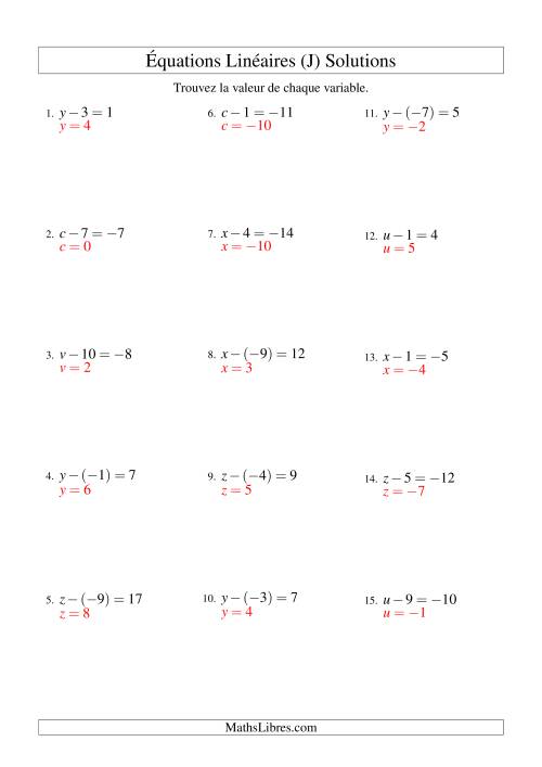 Résolution d'Équations Linéaires (Incluant Valeurs Négatives) -- Forme x - b = c (J) page 2
