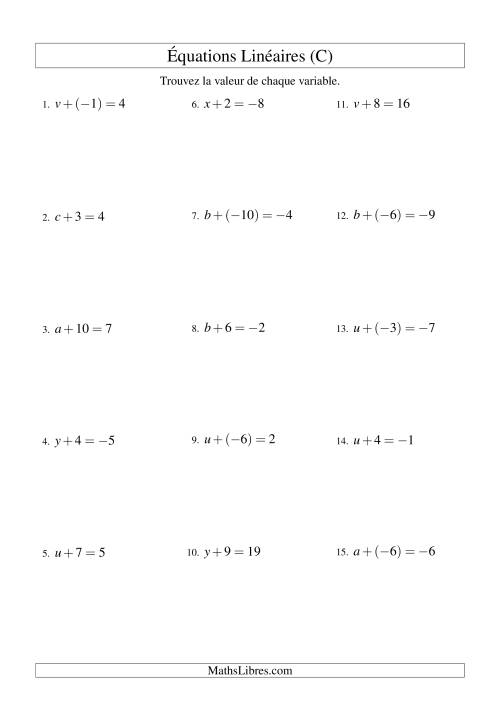 Résolution d'Équations Linéaires (Incluant Valeurs Négatives) -- Forme x + b = c (C)
