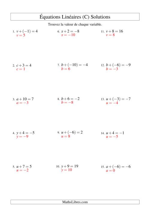 Résolution d'Équations Linéaires (Incluant Valeurs Négatives) -- Forme x + b = c (C) page 2
