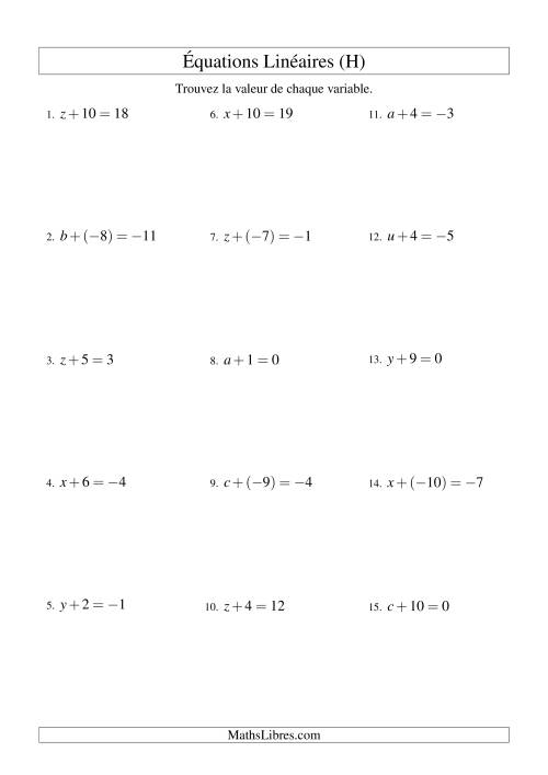 Résolution d'Équations Linéaires (Incluant Valeurs Négatives) -- Forme x + b = c (H)