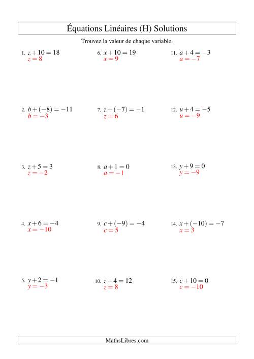 Résolution d'Équations Linéaires (Incluant Valeurs Négatives) -- Forme x + b = c (H) page 2