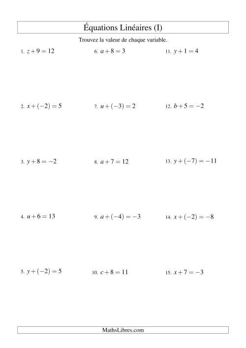 Résolution d'Équations Linéaires (Incluant Valeurs Négatives) -- Forme x + b = c (I)
