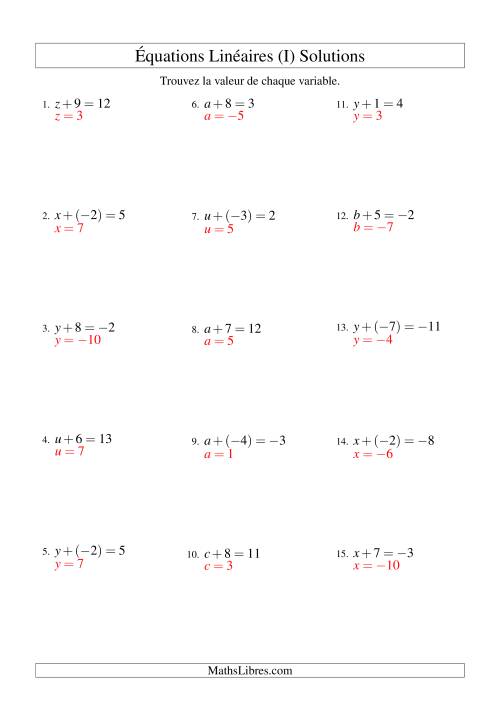 Résolution d'Équations Linéaires (Incluant Valeurs Négatives) -- Forme x + b = c (I) page 2
