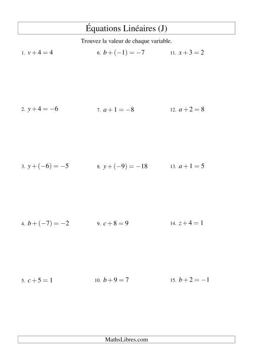 Résolution d'Équations Linéaires (Incluant Valeurs Négatives) -- Forme x + b = c (J)