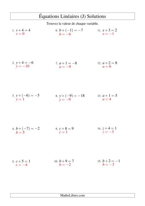 Résolution d'Équations Linéaires (Incluant Valeurs Négatives) -- Forme x + b = c (J) page 2