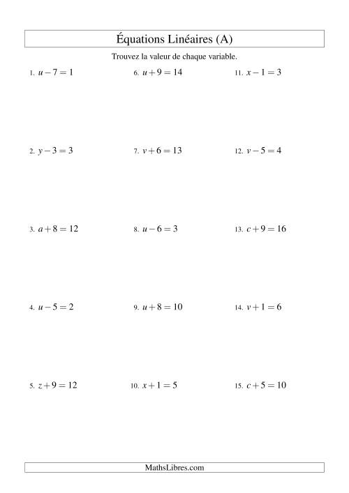 Résolution d'Équations Linéaires -- Forme x ± b = c (A)