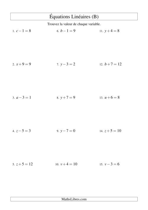 Résolution d'Équations Linéaires -- Forme x ± b = c (B)