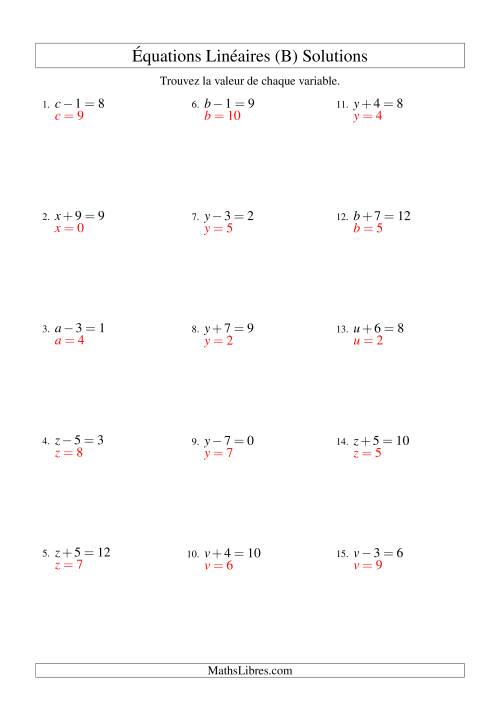 Résolution d'Équations Linéaires -- Forme x ± b = c (B) page 2
