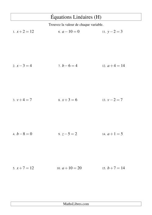 Résolution d'Équations Linéaires -- Forme x ± b = c (H)