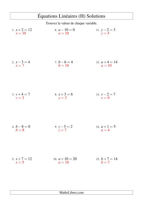 Résolution d'Équations Linéaires -- Forme x ± b = c (H) page 2