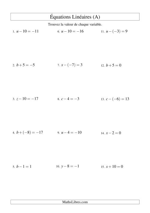 Résolution d'Équations Linéaires (Incluant Valeurs Négatives) -- Forme x ± b = c (A)
