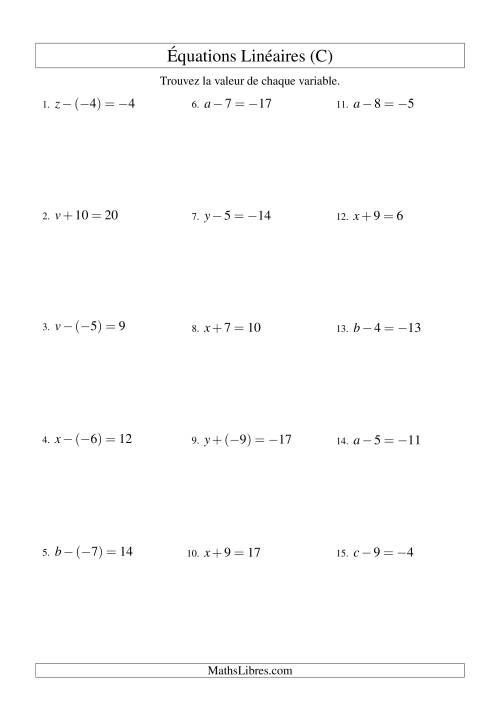 Résolution d'Équations Linéaires (Incluant Valeurs Négatives) -- Forme x ± b = c (C)