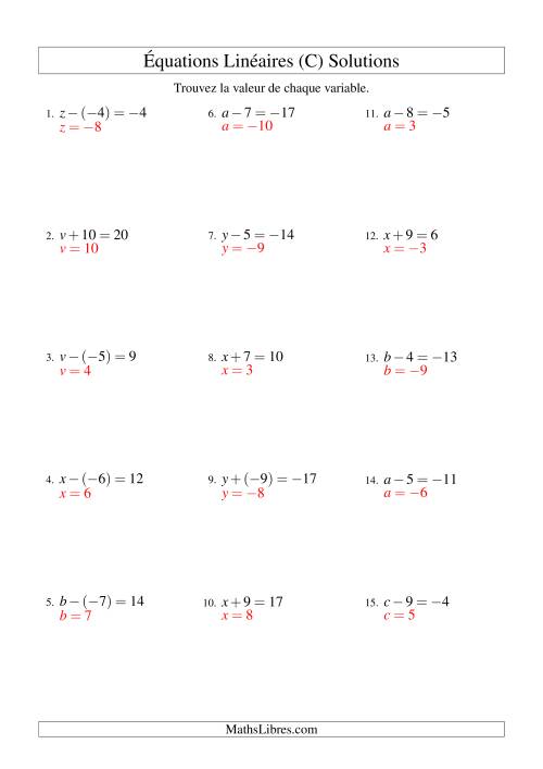 Résolution d'Équations Linéaires (Incluant Valeurs Négatives) -- Forme x ± b = c (C) page 2