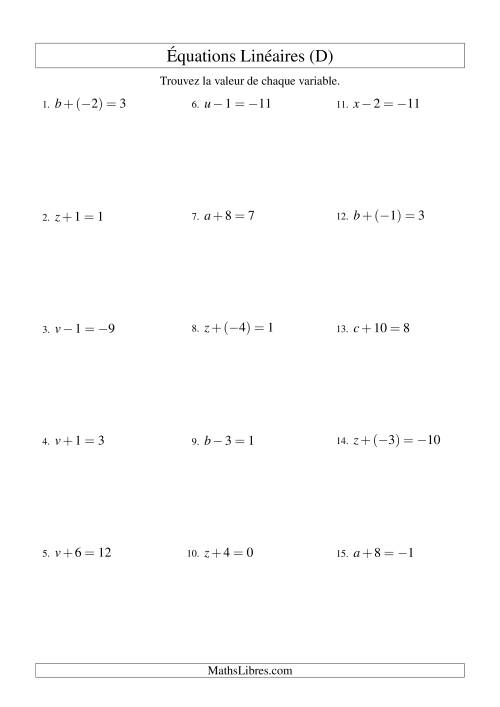 Résolution d'Équations Linéaires (Incluant Valeurs Négatives) -- Forme x ± b = c (D)