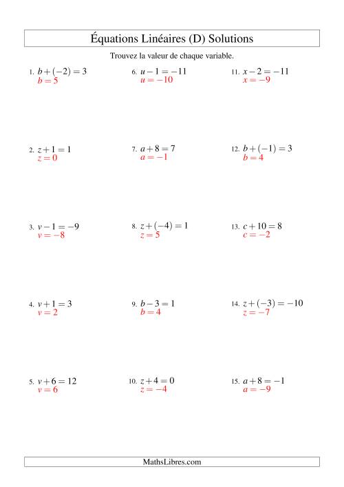 Résolution d'Équations Linéaires (Incluant Valeurs Négatives) -- Forme x ± b = c (D) page 2