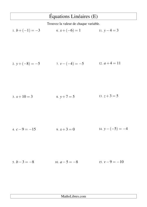 Résolution d'Équations Linéaires (Incluant Valeurs Négatives) -- Forme x ± b = c (E)