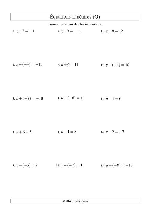 Résolution d'Équations Linéaires (Incluant Valeurs Négatives) -- Forme x ± b = c (G)