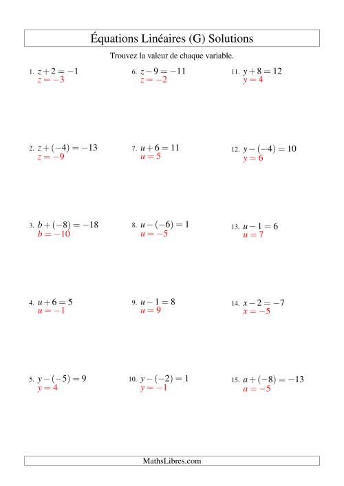 Résolution d'Équations Linéaires (Incluant Valeurs Négatives) -- Forme x ± b = c (G) page 2