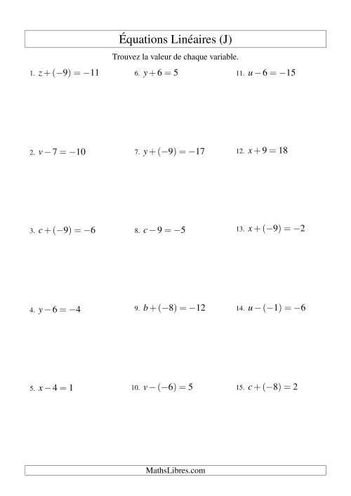 Résolution d'Équations Linéaires (Incluant Valeurs Négatives) -- Forme x ± b = c (J)