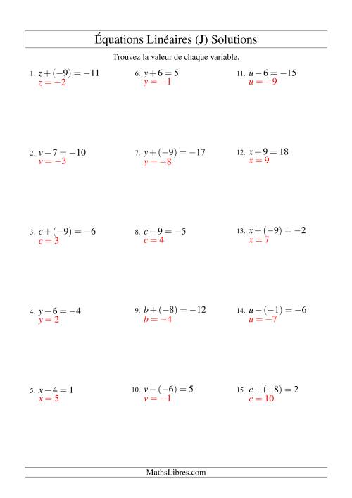 Résolution d'Équations Linéaires (Incluant Valeurs Négatives) -- Forme x ± b = c (J) page 2