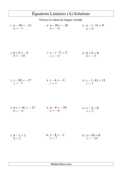 Résolution d'Équations Linéaires (Incluant Valeurs Négatives) -- Forme x ± b = c (Tout) page 2