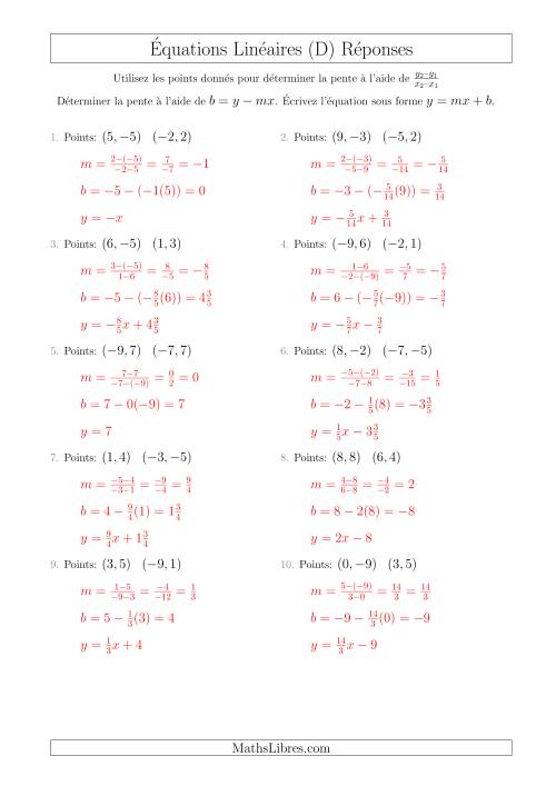 Écrire une Équation Linéaire à Partir des Deux Points (D) page 2