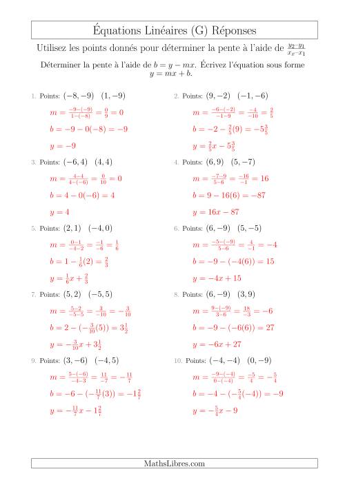 Écrire une Équation Linéaire à Partir des Deux Points (G) page 2