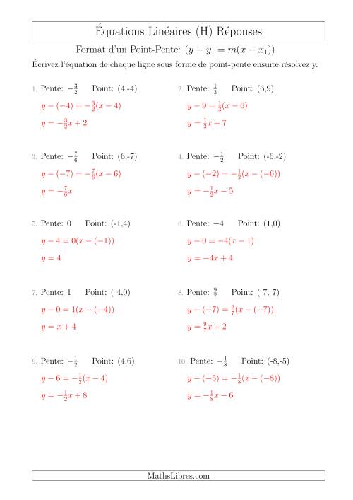 Écrivez une Équation Linéaire à Partir d’une Pente et un Point (H) page 2