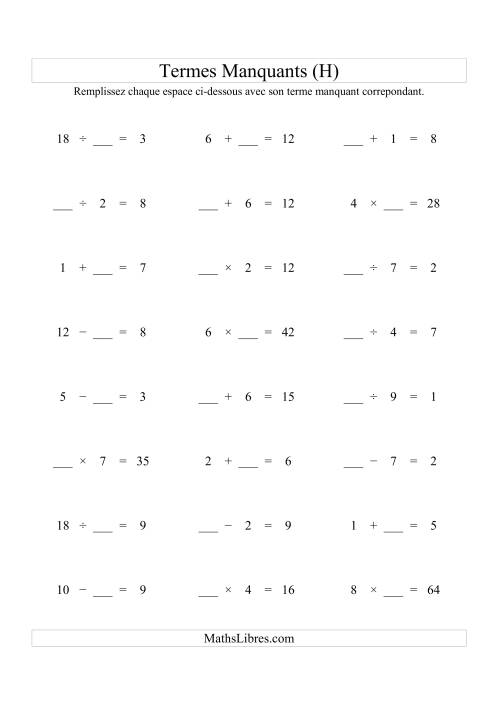 Équations avec Termes Manquants (Espaces Blancs) -- Toutes Opérations (Variation 1 à 9) (H)