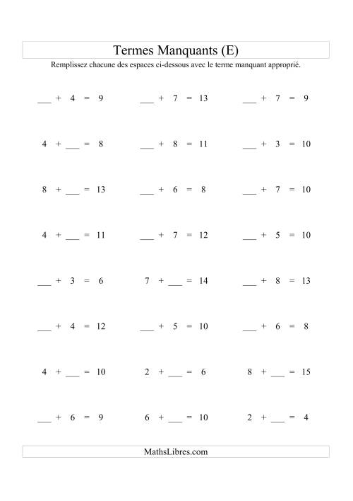 Équations avec Termes Manquants (Espaces Blancs) -- Addition (Variation 1 à 9) (E)