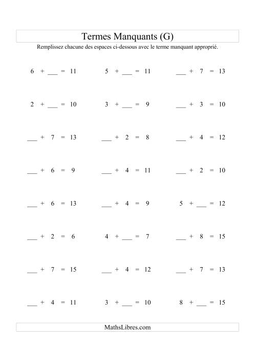 Équations avec Termes Manquants (Espaces Blancs) -- Addition (Variation 1 à 9) (G)