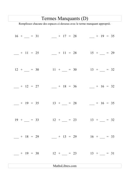 Équations avec Termes Manquants (Espaces Blancs) -- Addition (Variation 1 à 20) (D)