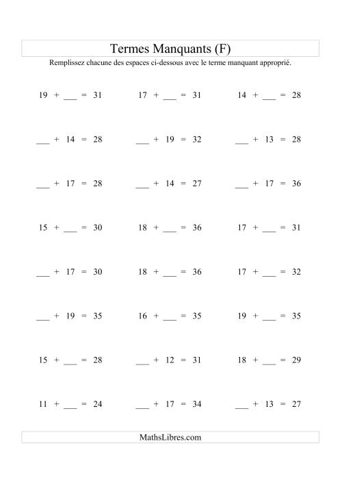 Équations avec Termes Manquants (Espaces Blancs) -- Addition (Variation 1 à 20) (F)