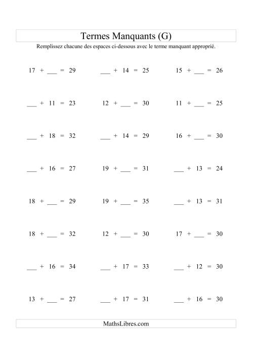 Équations avec Termes Manquants (Espaces Blancs) -- Addition (Variation 1 à 20) (G)