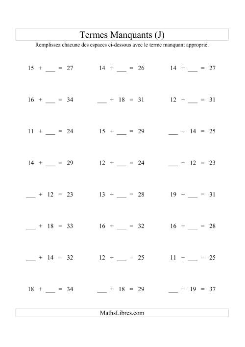 Équations avec Termes Manquants (Espaces Blancs) -- Addition (Variation 1 à 20) (J)
