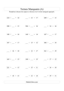 Équations avec Termes Manquants (Espaces Blancs) -- Division (Variation 1 à 20)