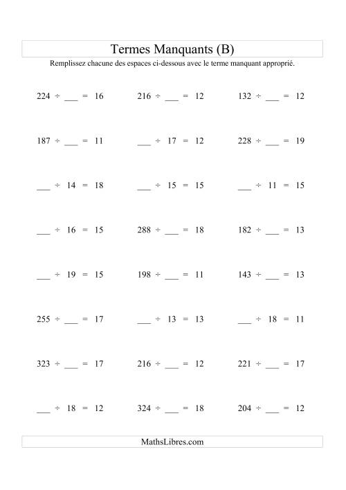 Équations avec Termes Manquants (Espaces Blancs) -- Division (Variation 1 à 20) (B)