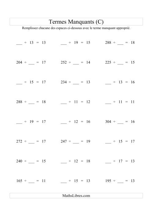 Équations avec Termes Manquants (Espaces Blancs) -- Division (Variation 1 à 20) (C)
