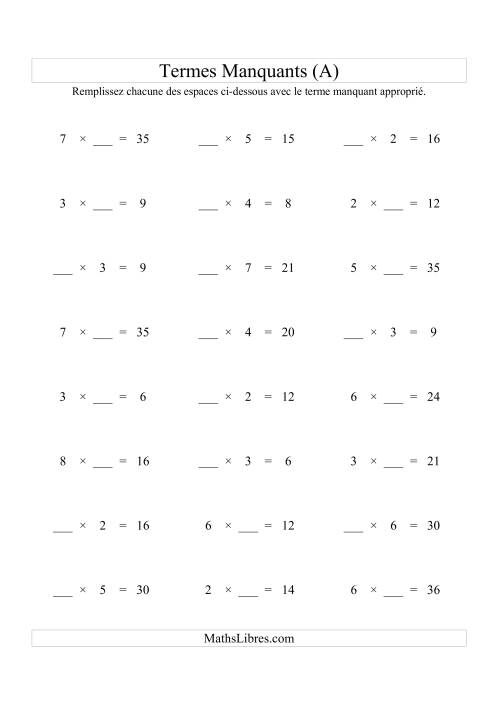 Équations avec Termes Manquants (Espaces Blancs) -- Multiplication (Variation 1 à 9) (A)