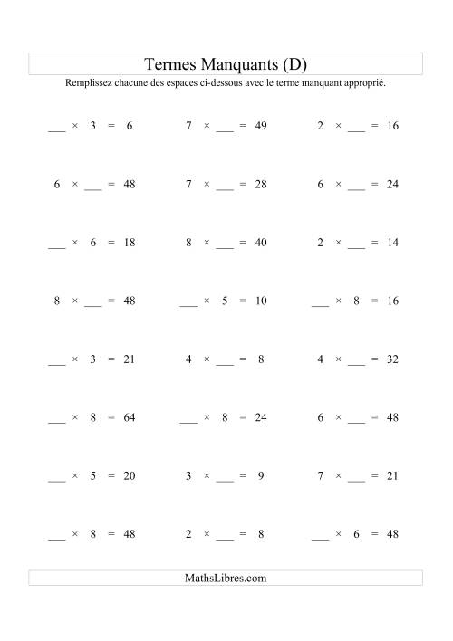Équations avec Termes Manquants (Espaces Blancs) -- Multiplication (Variation 1 à 9) (D)
