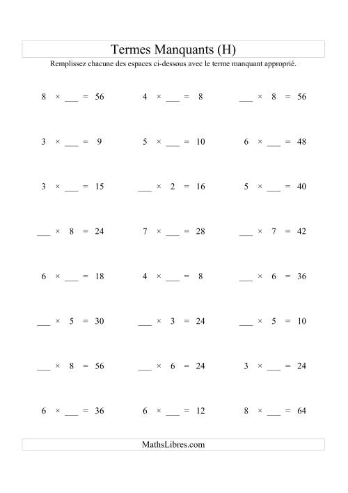 Équations avec Termes Manquants (Espaces Blancs) -- Multiplication (Variation 1 à 9) (H)