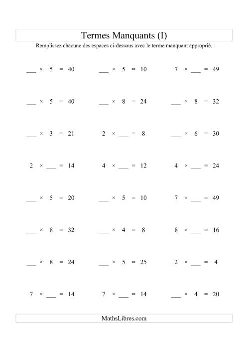 Équations avec Termes Manquants (Espaces Blancs) -- Multiplication (Variation 1 à 9) (I)