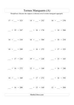 Équations avec Termes Manquants (Espaces Blancs) -- Multiplication (Variation 1 à 20)