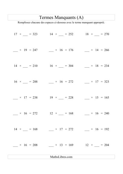 Équations avec Termes Manquants (Espaces Blancs) -- Multiplication (Variation 1 à 20) (A)