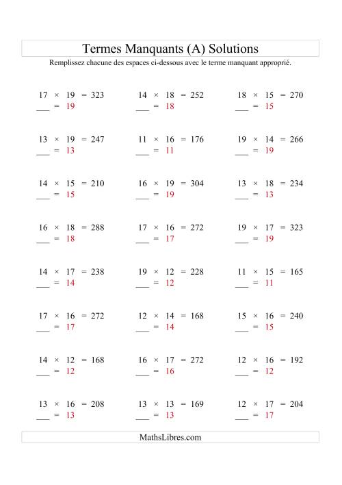 Équations avec Termes Manquants (Espaces Blancs) -- Multiplication (Variation 1 à 20) (A) page 2