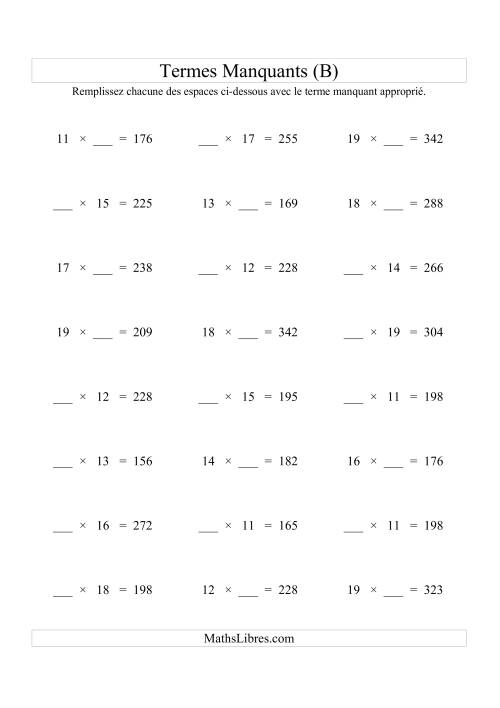 Équations avec Termes Manquants (Espaces Blancs) -- Multiplication (Variation 1 à 20) (B)