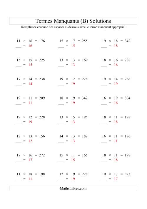 Équations avec Termes Manquants (Espaces Blancs) -- Multiplication (Variation 1 à 20) (B) page 2