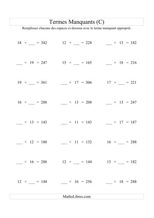 Équations avec Termes Manquants (Espaces Blancs) -- Multiplication (Variation 1 à 20) (C)